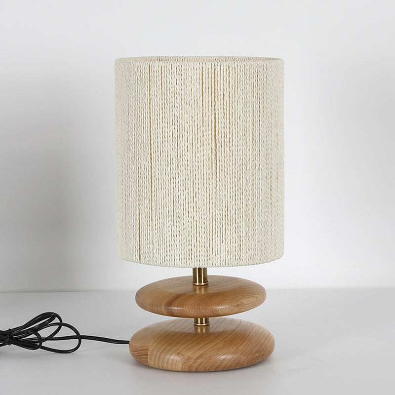 Moderne Mid-Century Runde Zylindrische Esche Holz Papier Seil Hardware 1-Licht Tisch Lampe Für Schlafzimmer 