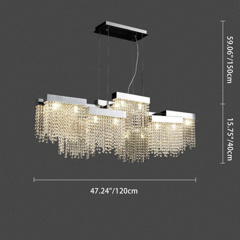 Moderner Luxus-Kronleuchter mit Quaste und rechteckigem Edelstahl-Kristall, 20/24 Lichter, Inselleuchte für Esszimmer 