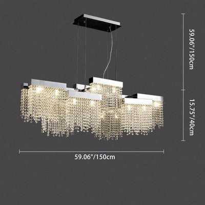 Moderner Luxus-Kronleuchter mit Quaste und rechteckigem Edelstahl-Kristall, 20/24 Lichter, Inselleuchte für Esszimmer 