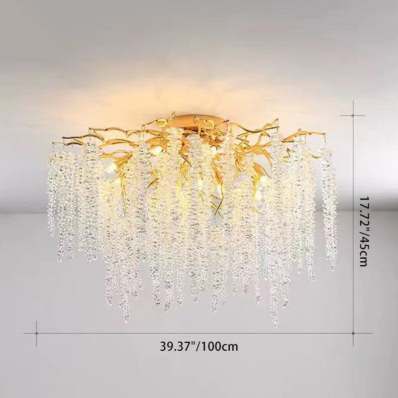 Modern Luxury Twig Shape Round Aluminum Crystal 8/13/15 Light Semi-Flush Mount Ceiling Light For Bedroom