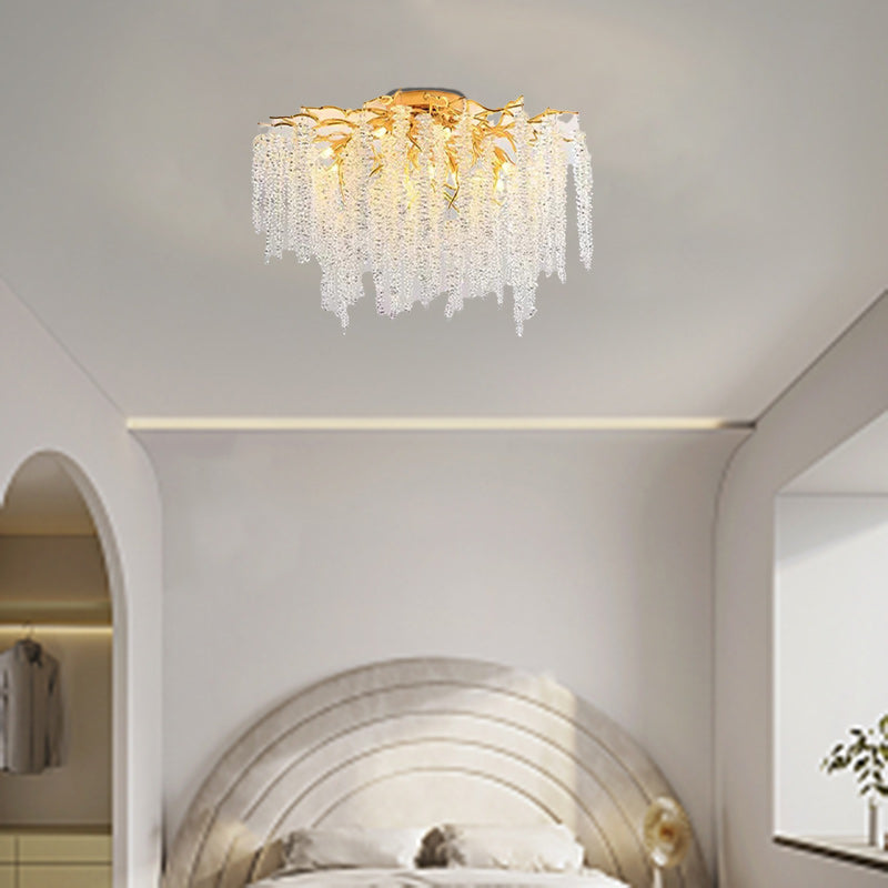 Modern Luxury Twig Shape Round Aluminum Crystal 8/13/15 Light Semi-Flush Mount Ceiling Light For Bedroom