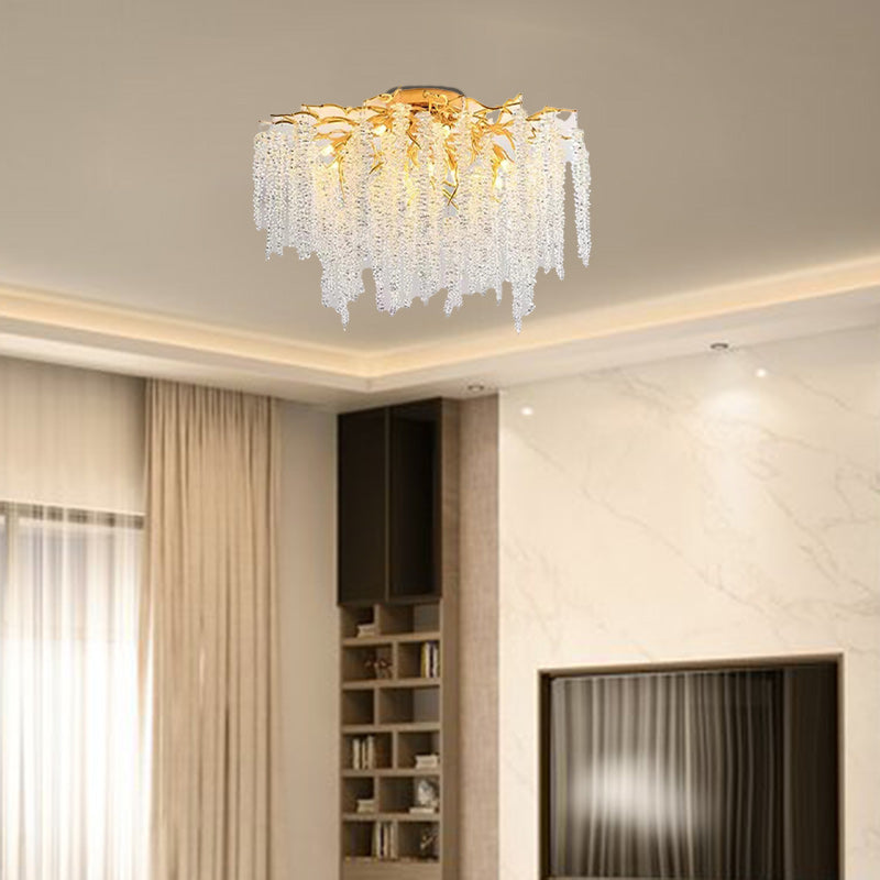 Modern Luxury Twig Shape Round Aluminum Crystal 8/13/15 Light Semi-Flush Mount Ceiling Light For Bedroom