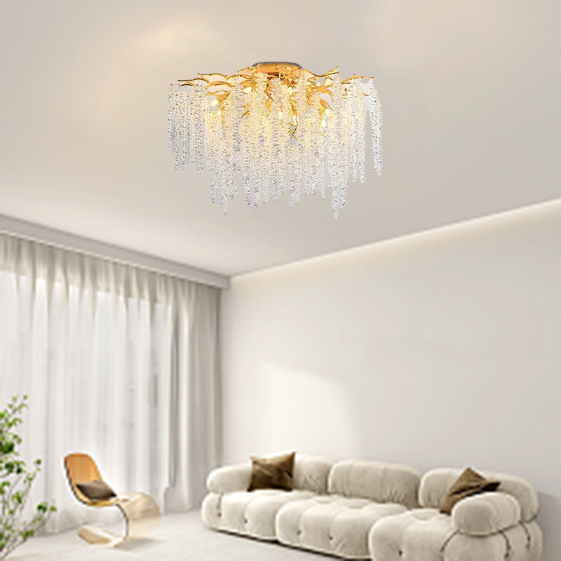 Modern Luxury Twig Shape Round Aluminum Crystal 8/13/15 Light Semi-Flush Mount Ceiling Light For Bedroom