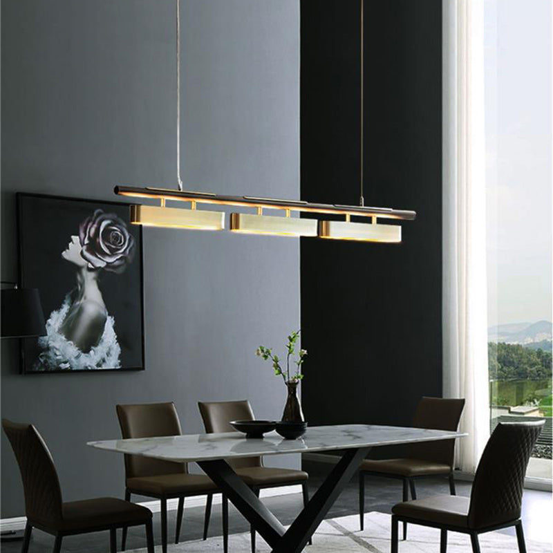 Modern Minimalist Rectangular Linear Stainless Steel LED Island Light Chandelier For Dining Room