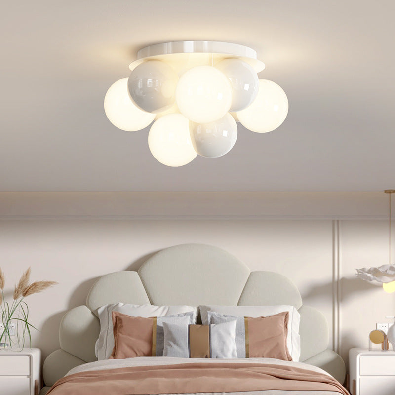 Contemporary Scandinavian Cream Bubble Round Ball Dome Iron 5-Light Semi-Flush Mount Ceiling Light For Bedroom