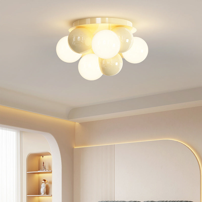 Contemporary Scandinavian Cream Bubble Round Ball Dome Iron 5-Light Semi-Flush Mount Ceiling Light For Bedroom