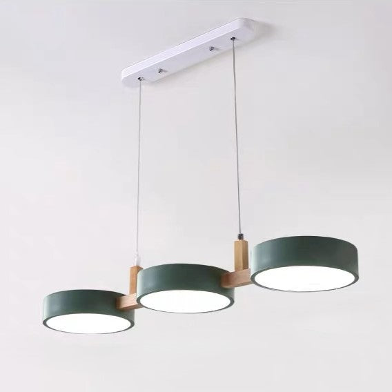 Contemporary Scandinavian Macaron Round Cylinder Iron Wood Acrylic LED Chandelier For Dining Room