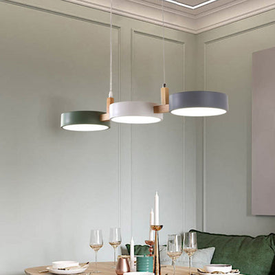 Contemporary Scandinavian Macaron Round Cylinder Iron Wood Acrylic LED Chandelier For Dining Room