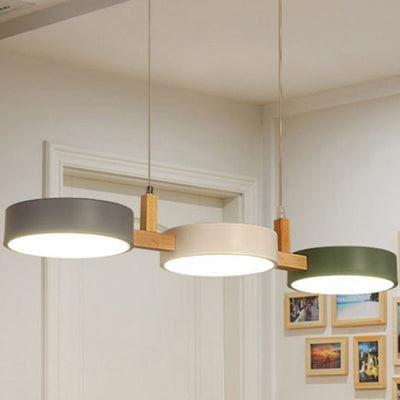 Contemporary Scandinavian Macaron Round Cylinder Iron Wood Acrylic LED Chandelier For Dining Room