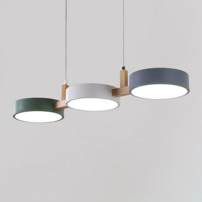 Contemporary Scandinavian Macaron Round Cylinder Iron Wood Acrylic LED Chandelier For Dining Room