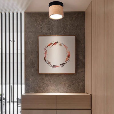 Modern Minimalist Round Cylinder Iron Rubberwood Acrylic LED Flush Mount Ceiling Light For Hallway