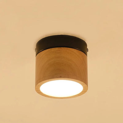 Modern Minimalist Round Cylinder Iron Rubberwood Acrylic LED Flush Mount Ceiling Light For Hallway