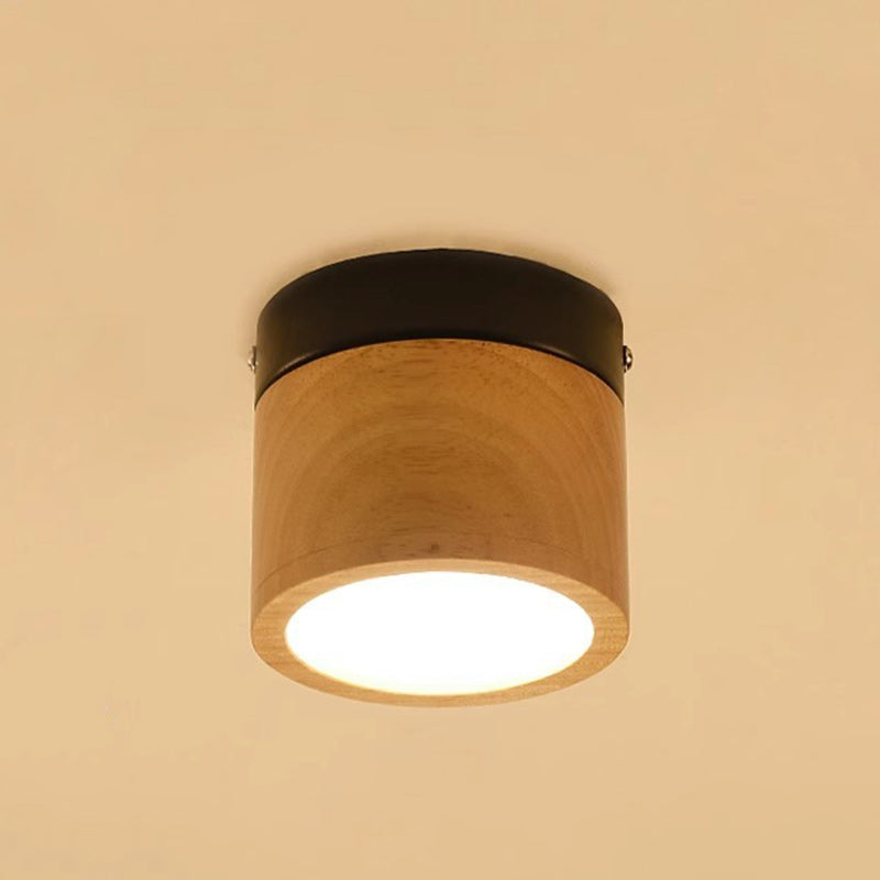 Modern Minimalist Round Cylinder Iron Rubberwood Acrylic LED Flush Mount Ceiling Light For Hallway