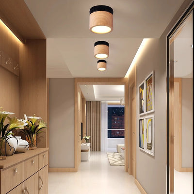 Modern Minimalist Round Cylinder Iron Rubberwood Acrylic LED Flush Mount Ceiling Light For Hallway