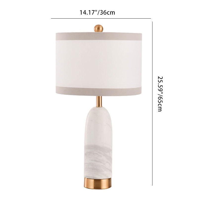 Modern Art Deco Cylinder Oval Fabric Marble Hardware 1-Light Table Lamp For Bedroom