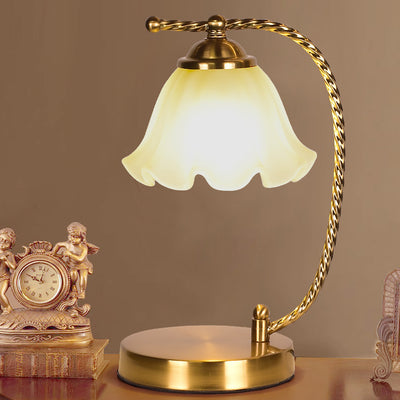 Modern Art Deco Floral Round Iron Glass 1-Light Table Lamp For Bedroom