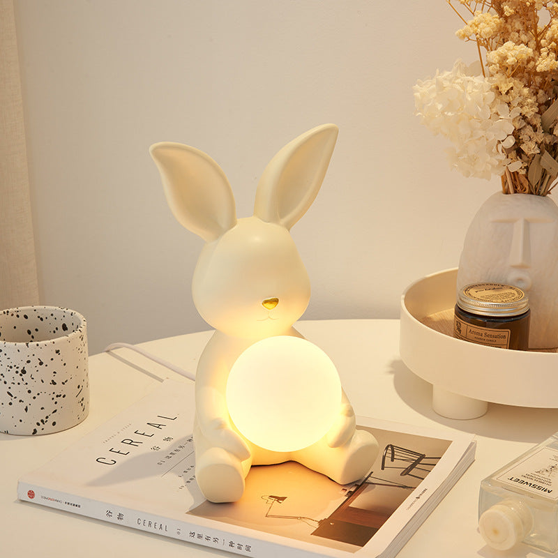 Modern Art Deco Cartoon Rabbit Shape Round Resin Glass 1-Light Table Lamp For Bedroom