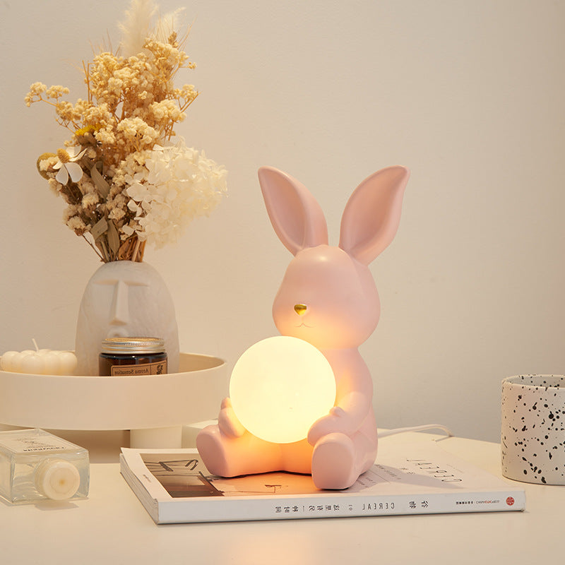 Modern Art Deco Cartoon Rabbit Shape Round Resin Glass 1-Light Table Lamp For Bedroom