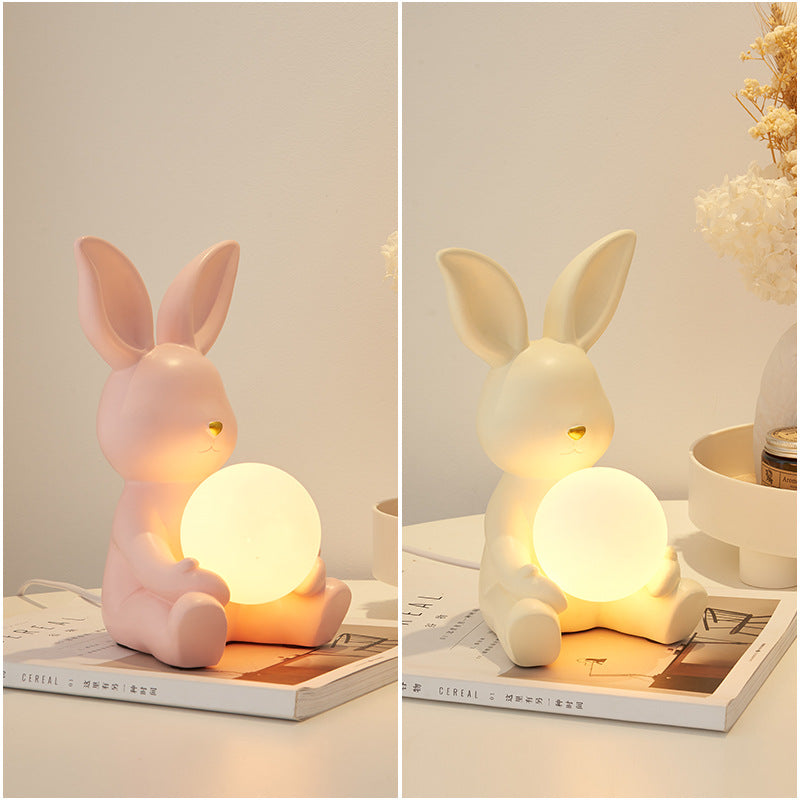 Modern Art Deco Cartoon Rabbit Shape Round Resin Glass 1-Light Table Lamp For Bedroom