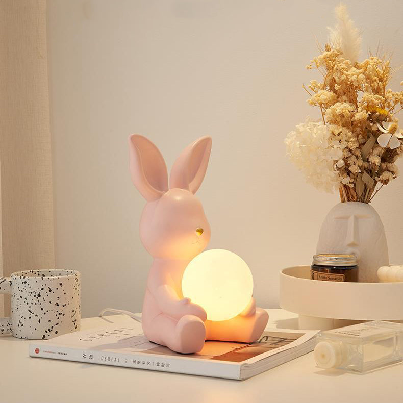 Modern Art Deco Cartoon Rabbit Shape Round Resin Glass 1-Light Table Lamp For Bedroom