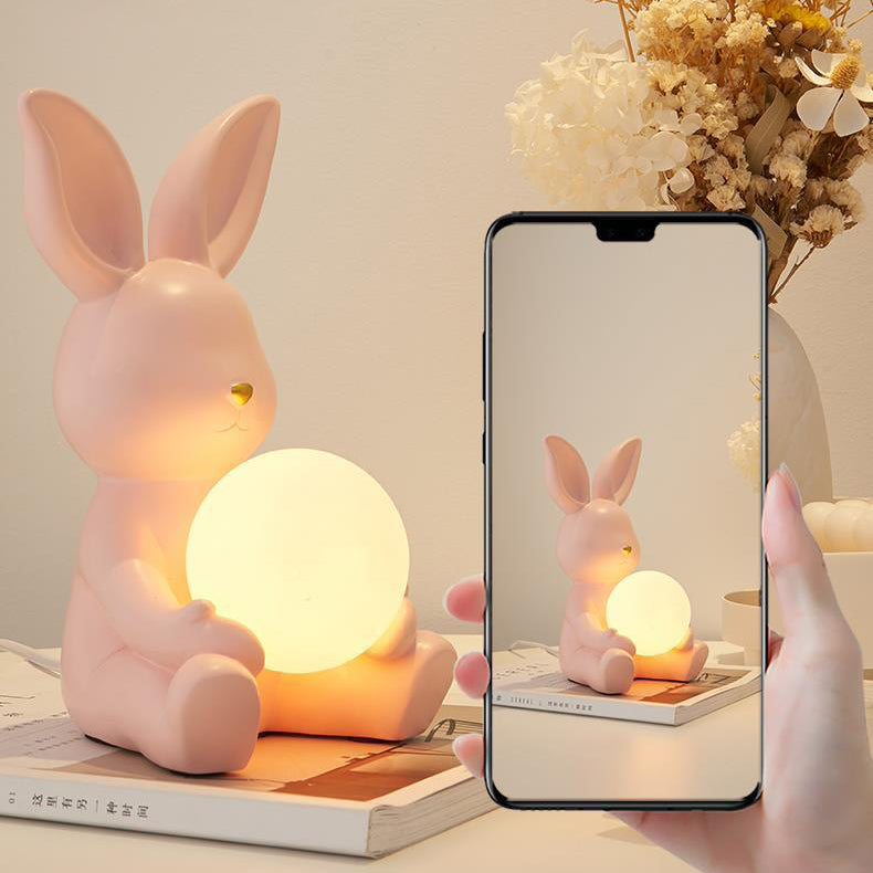 Modern Art Deco Cartoon Rabbit Shape Round Resin Glass 1-Light Table Lamp For Bedroom