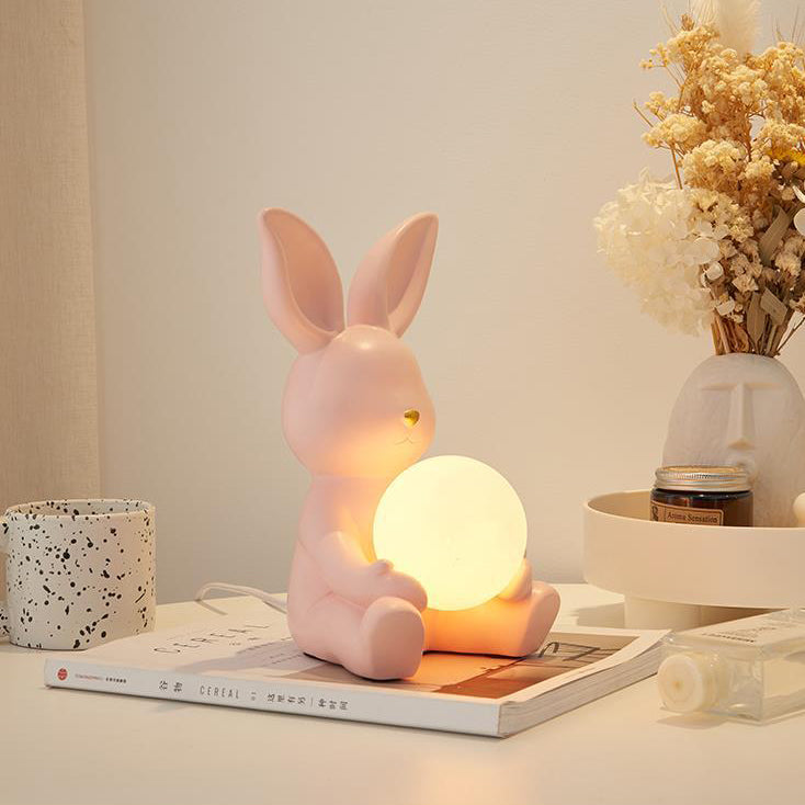 Modern Art Deco Cartoon Rabbit Shape Round Resin Glass 1-Light Table Lamp For Bedroom