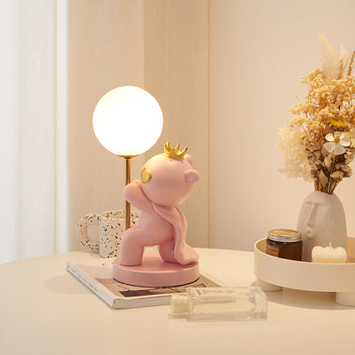 Contemporary Creative Cartoon Cute Crown Bear Round Resin Glass 1-Light Table Lamp For Bedroom