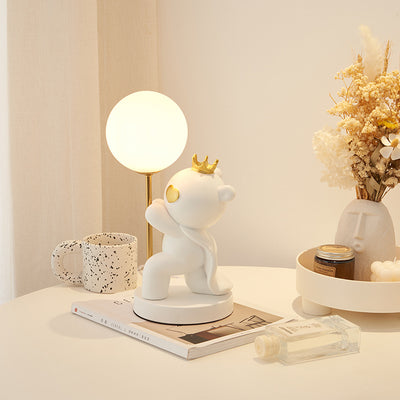 Contemporary Creative Cartoon Cute Crown Bear Round Resin Glass 1-Light Table Lamp For Bedroom