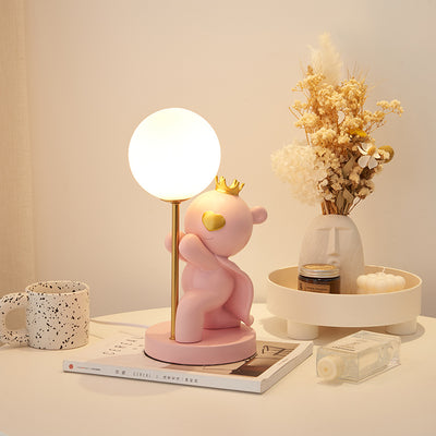 Contemporary Creative Cartoon Cute Crown Bear Round Resin Glass 1-Light Table Lamp For Bedroom