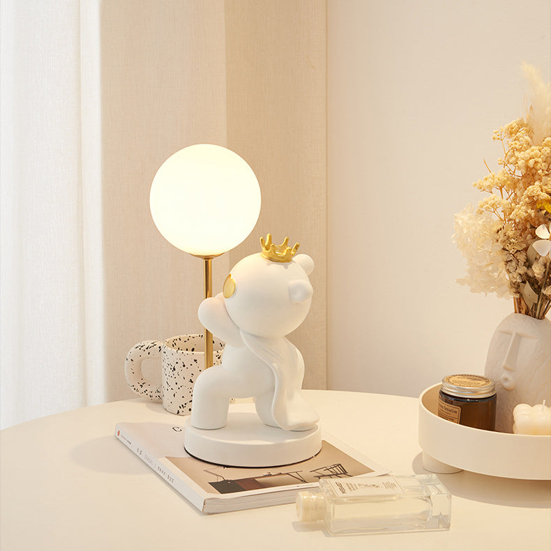 Contemporary Creative Cartoon Cute Crown Bear Round Resin Glass 1-Light Table Lamp For Bedroom