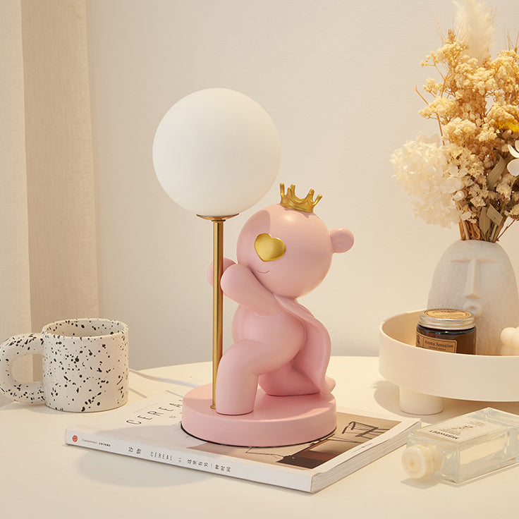 Contemporary Creative Cartoon Cute Crown Bear Round Resin Glass 1-Light Table Lamp For Bedroom