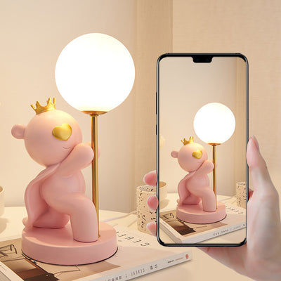 Contemporary Creative Cartoon Cute Crown Bear Round Resin Glass 1-Light Table Lamp For Bedroom