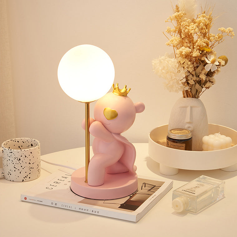 Contemporary Creative Cartoon Cute Crown Bear Round Resin Glass 1-Light Table Lamp For Bedroom