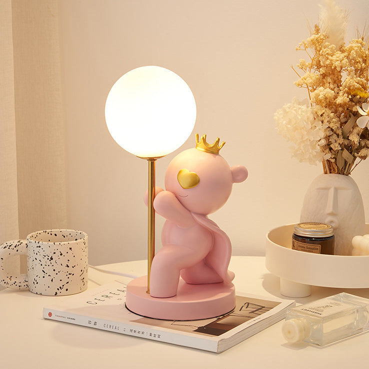 Contemporary Creative Cartoon Cute Crown Bear Round Resin Glass 1-Light Table Lamp For Bedroom