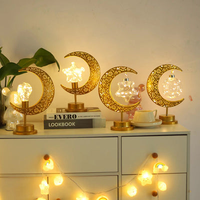 Contemporary Creative Moon Star Orb Bulb Shape Iron Glass Rattan LED Table Lamp For Bedroom