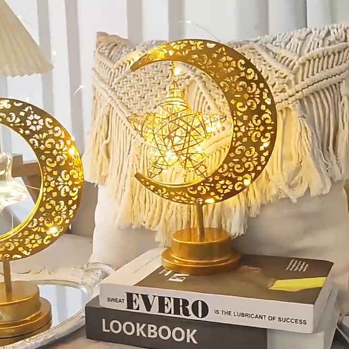 Contemporary Creative Moon Star Orb Bulb Shape Iron Glass Rattan LED Table Lamp For Bedroom