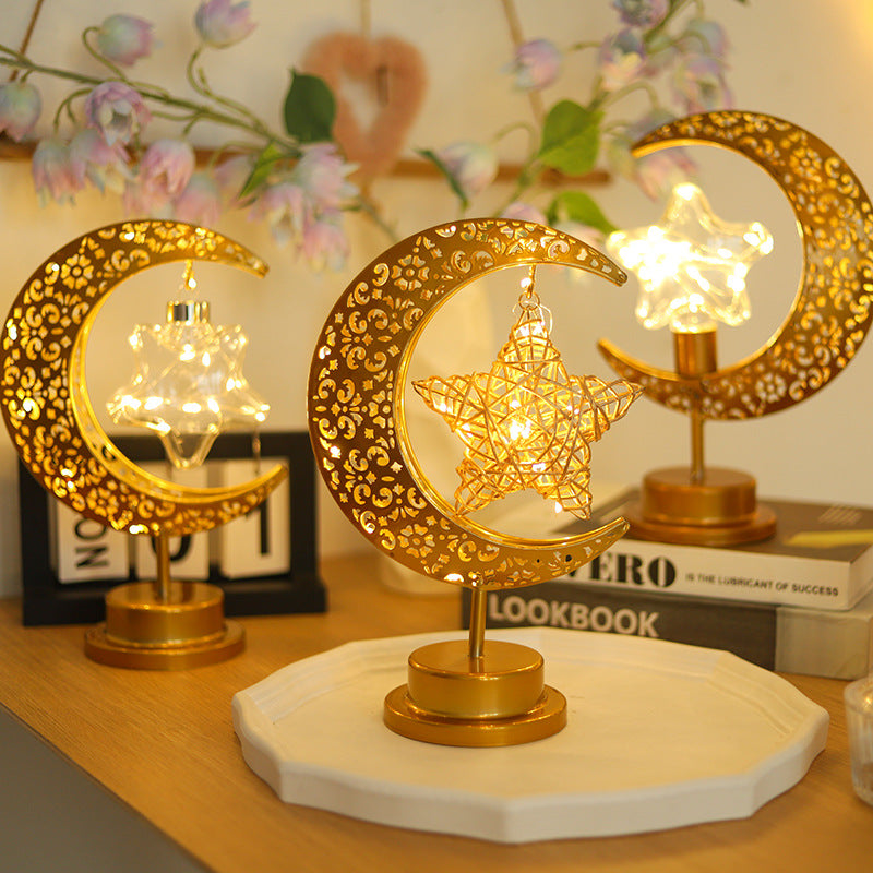 Contemporary Creative Moon Star Orb Bulb Shape Iron Glass Rattan LED Table Lamp For Bedroom