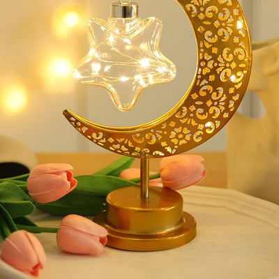 Contemporary Creative Moon Star Orb Bulb Shape Iron Glass Rattan LED Table Lamp For Bedroom