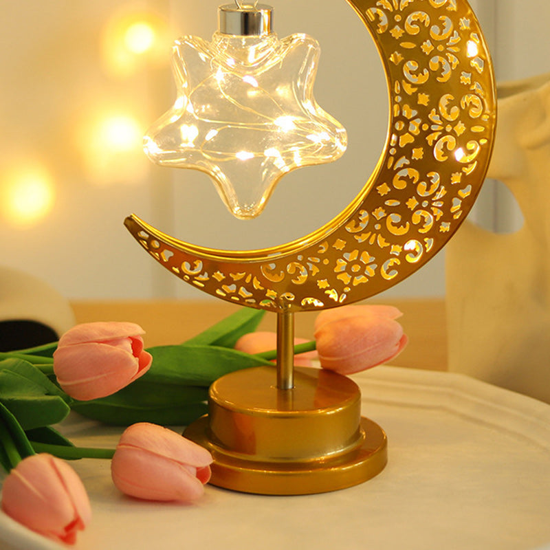 Contemporary Creative Moon Star Orb Bulb Shape Iron Glass Rattan LED Table Lamp For Bedroom