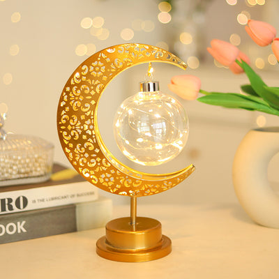 Contemporary Creative Moon Star Orb Bulb Shape Iron Glass Rattan LED Table Lamp For Bedroom