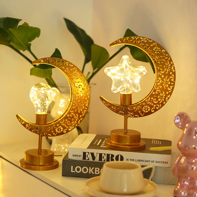 Contemporary Creative Moon Star Orb Bulb Shape Iron Glass Rattan LED Table Lamp For Bedroom