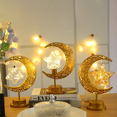 Contemporary Creative Moon Star Orb Bulb Shape Iron Glass Rattan LED Table Lamp For Bedroom