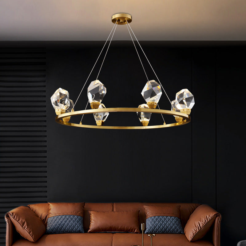 Modern Luxury Diamond Round Copper Crystal LED Chandelier For Living Room