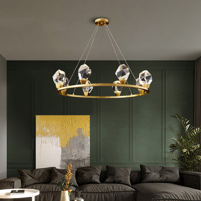 Modern Luxury Diamond Round Copper Crystal LED Chandelier For Living Room