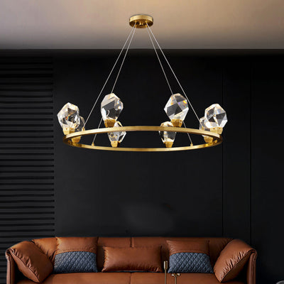 Modern Luxury Diamond Round Copper Crystal LED Chandelier For Living Room