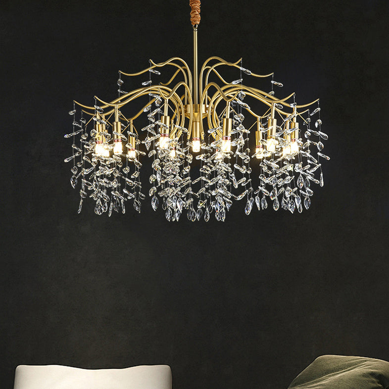 Traditional French Twig Shape Tassel Copper Crystal 7/9/11/13 Light Chandelier For Bedroom