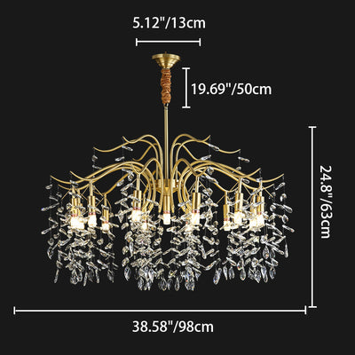 Traditional French Twig Shape Tassel Copper Crystal 7/9/11/13 Light Chandelier For Bedroom