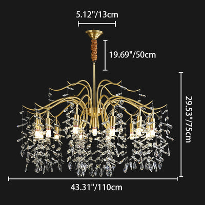 Traditional French Twig Shape Tassel Copper Crystal 7/9/11/13 Light Chandelier For Bedroom