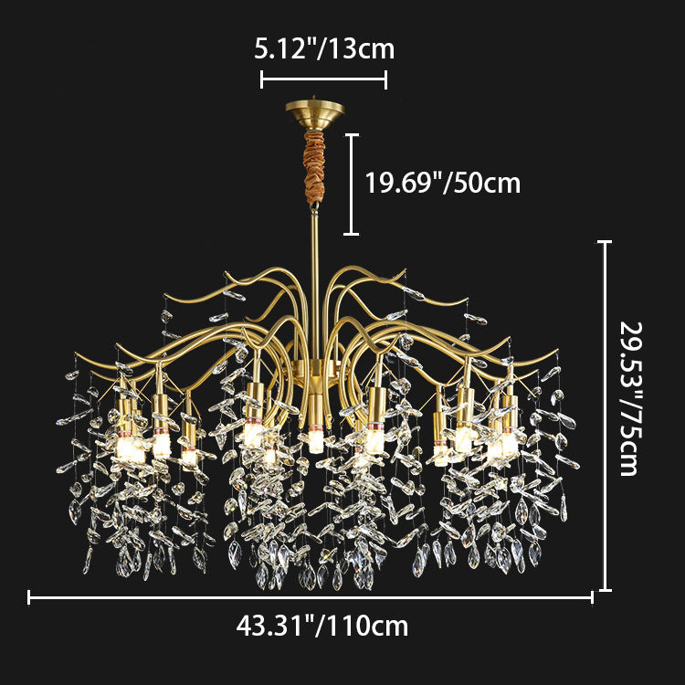 Traditional French Twig Shape Tassel Copper Crystal 7/9/11/13 Light Chandelier For Bedroom