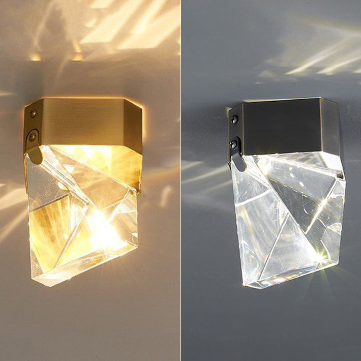 Modern Minimalist Square Top Irregular Shape Copper Crystal LED Semi-Flush Mount Ceiling Light For Hallway